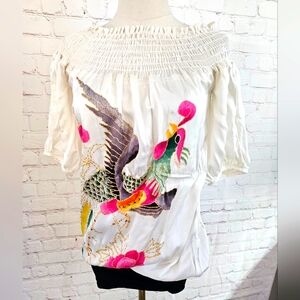 Voom by Joy Han Silk Printed Bird Dress w/Black Contrast Bodycon Mini | XS | EUC